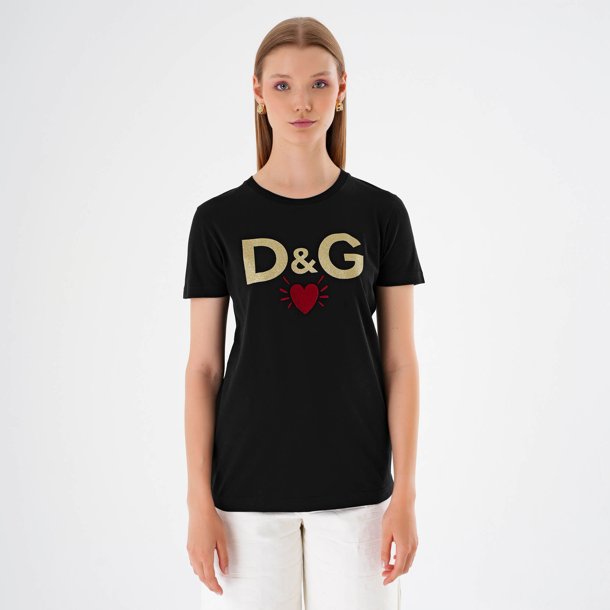 Dolce & Gabbana - Black & Gold Glitter Heart Logo Printed Tshirt IT42 